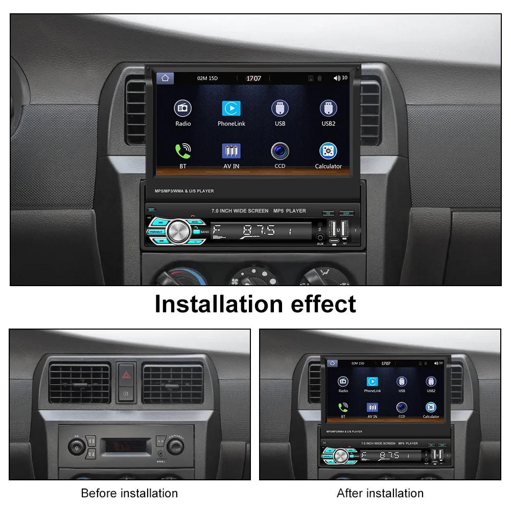 Player Auto 1DIN, MP5 cu Ecran Extractabil, Carplay și Android Auto WiFi, Bluetooth, USB [8]