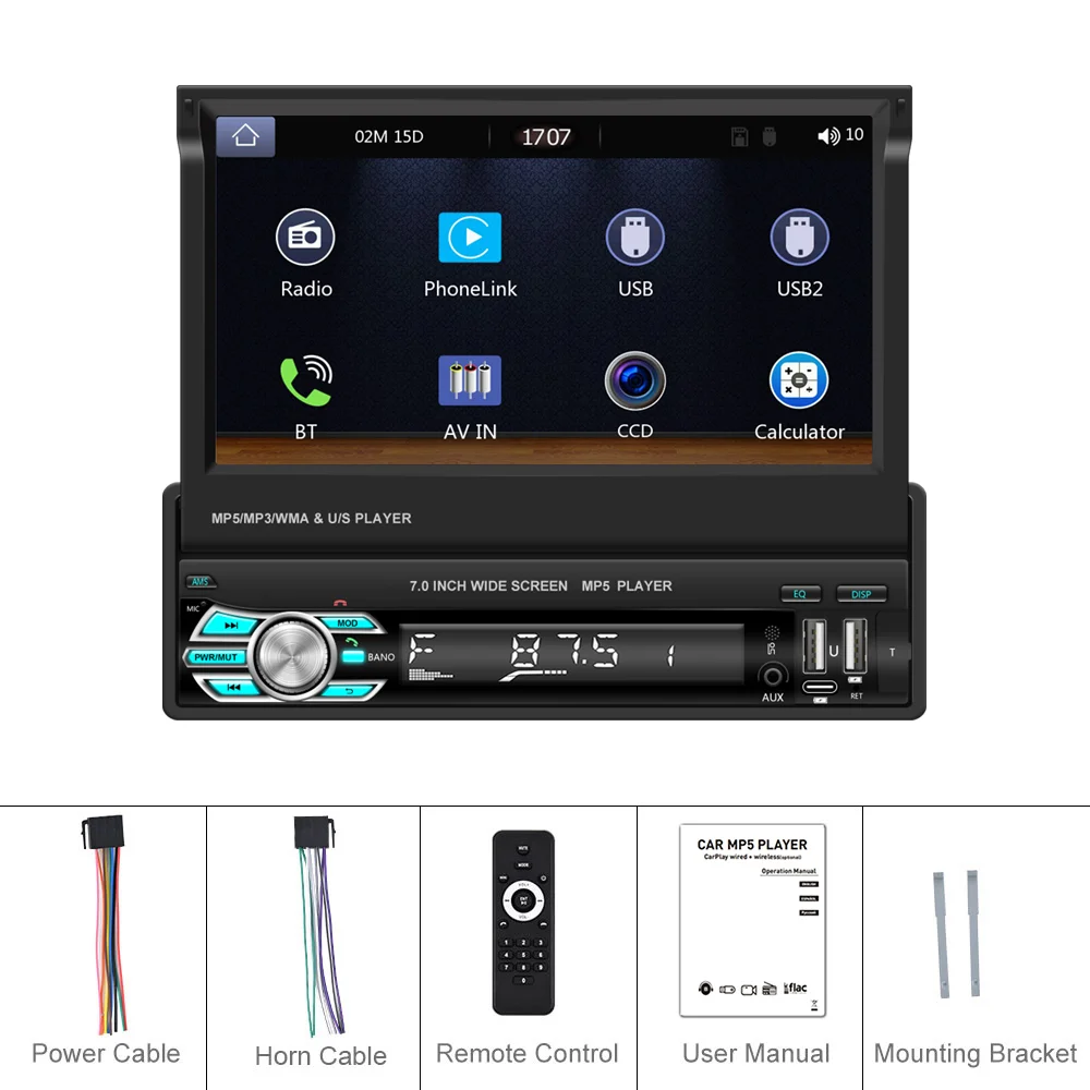 Player Auto 1DIN, MP5 cu Ecran Extractabil, Carplay și Android Auto WiFi, Bluetooth, USB [11]