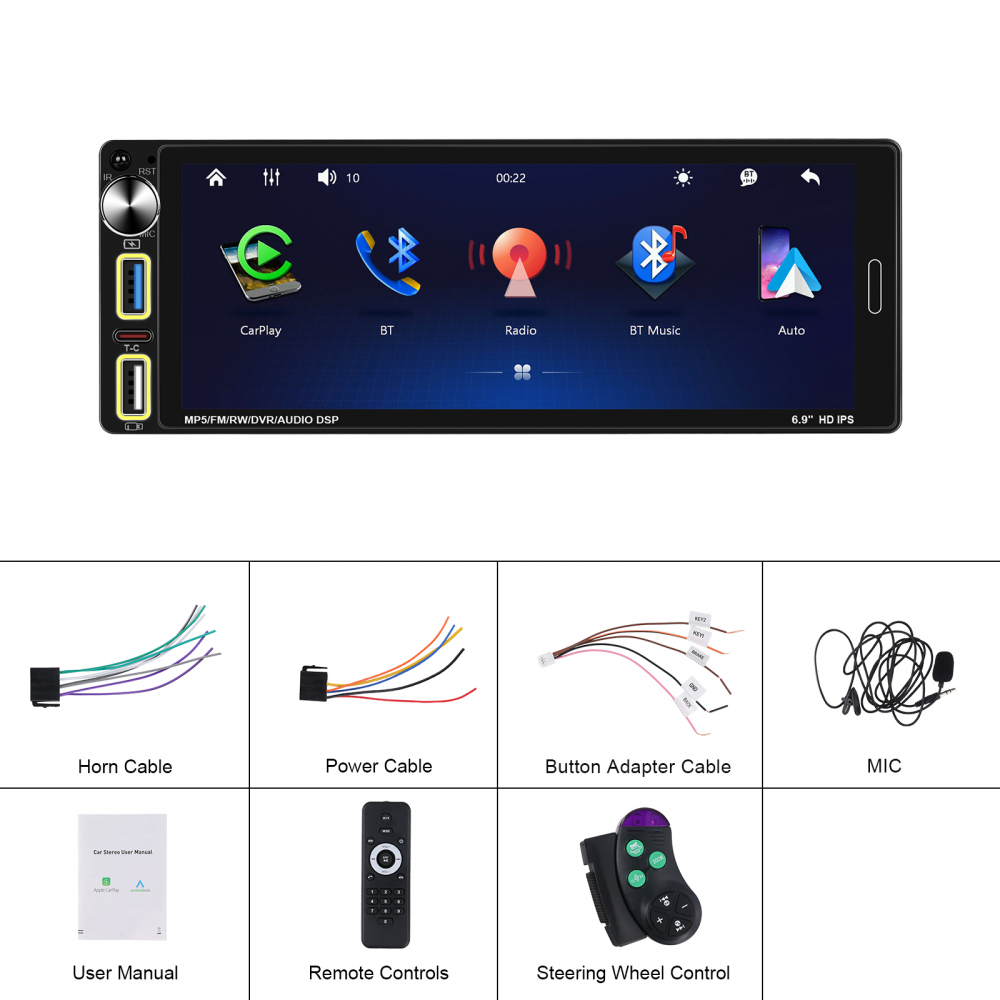 Player Auto 1DIN universal 6.9 inch, MP5 Playe cu Carplay și Android Auto fara fir, Bluetooth, USB [13]