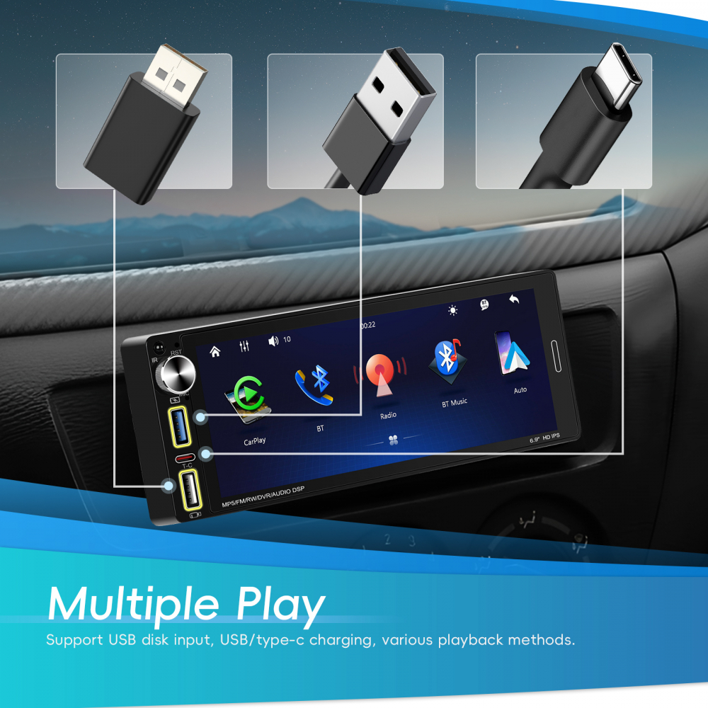 Player Auto 1DIN universal 6.9 inch, MP5 Playe cu Carplay și Android Auto fara fir, Bluetooth, USB [5]