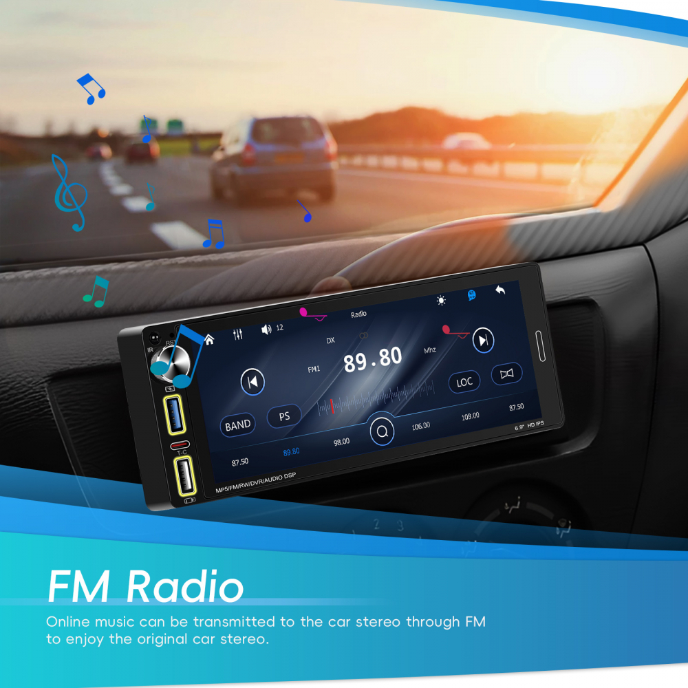 Player Auto 1DIN universal 6.9 inch, MP5 Playe cu Carplay și Android Auto fara fir, Bluetooth, USB [4]