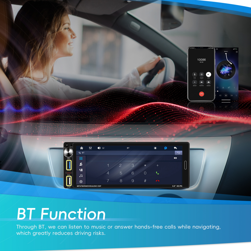 Player Auto 1DIN universal 6.9 inch, MP5 Playe cu Carplay și Android Auto fara fir, Bluetooth, USB [14]