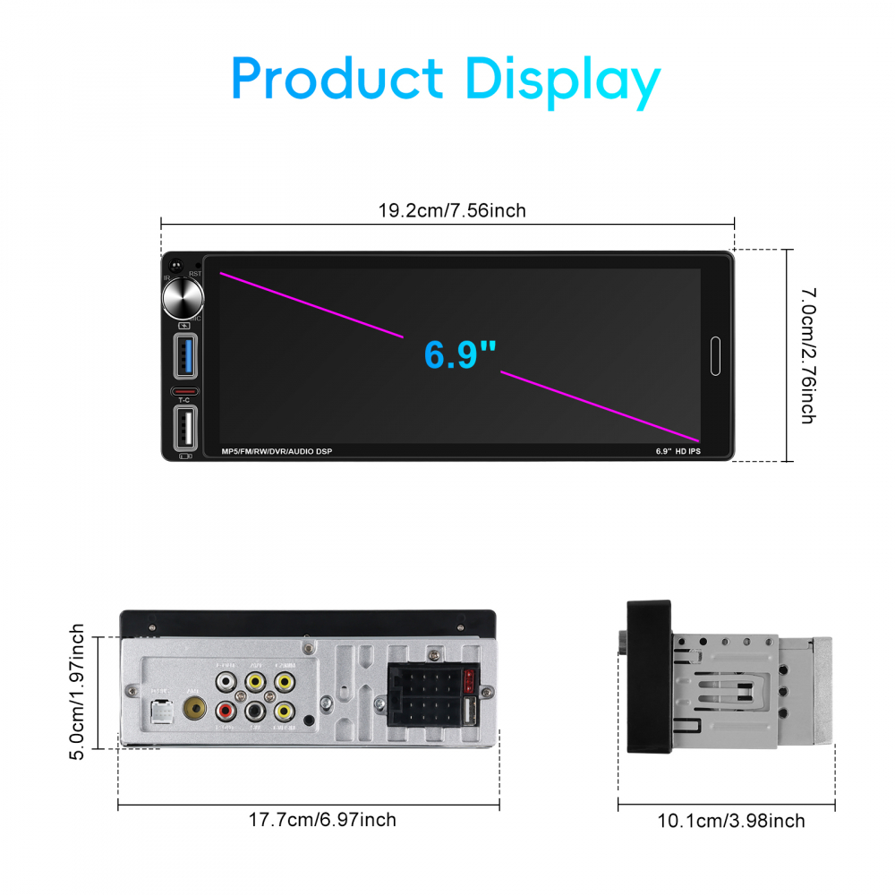 Player Auto 1DIN universal 6.9 inch, MP5 Playe cu Carplay și Android Auto fara fir, Bluetooth, USB [10]