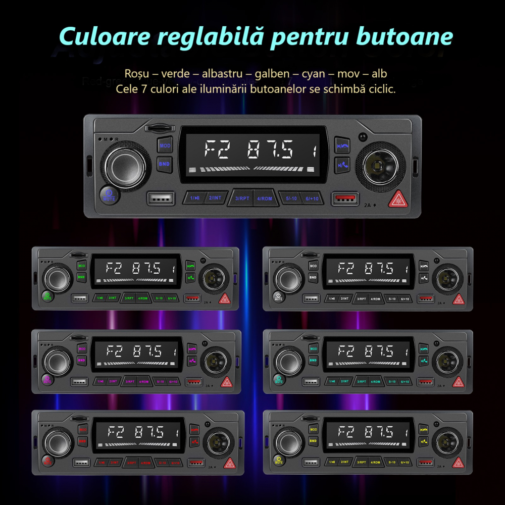 Radio Auto MP3 Player cu Bluetooth, USB, SD, AUX, FM, Telecomandă – Ecran LCD, Încărcare Telefon, LED Butoane 7 Culori [8]