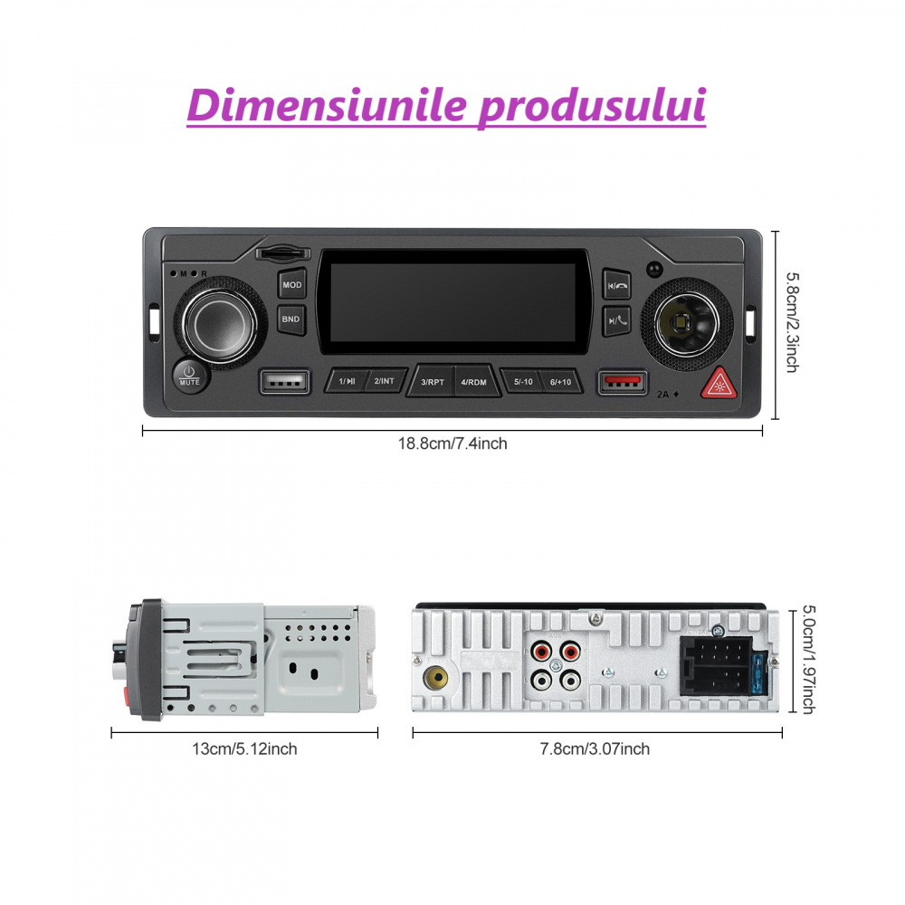 Radio Auto MP3 Player cu Bluetooth, USB, SD, AUX, FM, Telecomandă – Ecran LCD, Încărcare Telefon, LED Butoane 7 Culori [4]