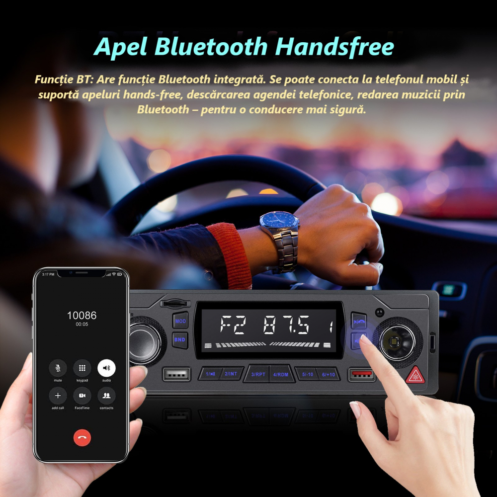 Radio Auto MP3 Player cu Bluetooth, USB, SD, AUX, FM, Telecomandă – Ecran LCD, Încărcare Telefon, LED Butoane 7 Culori [6]