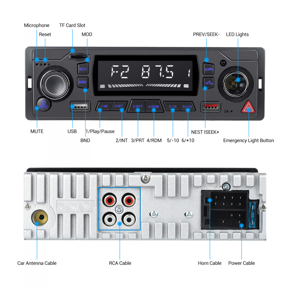 Radio Auto MP3 Player cu Bluetooth, USB, SD, AUX, FM, Telecomandă – Ecran LCD, Încărcare Telefon, LED Butoane 7 Culori [9]