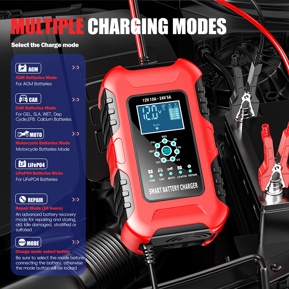 Redresor Auto FOXSUR Inteligent 12-24V, 10A – Încărcare Rapidă, Reparare & Desulfatare | Compatibil Pb-Acid, AGM, EFB, LiFePO4 [9]