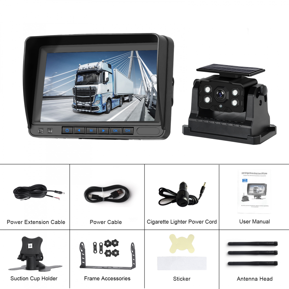 Set Monitor și Cameră Mărșarier Wireless, incarcare solara,pentru Tir, Duba, Camion, Autocar, 1080P FHD, Unghi 150° Night Vision [20]