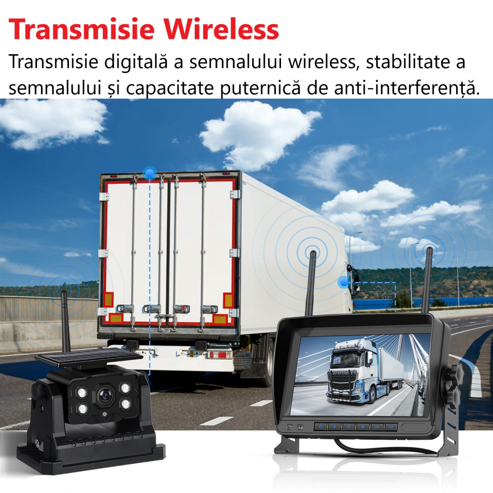 Set Monitor și Cameră Mărșarier Wireless, incarcare solara,pentru Tir, Duba, Camion, Autocar, 1080P FHD, Unghi 150° Night Vision [12]