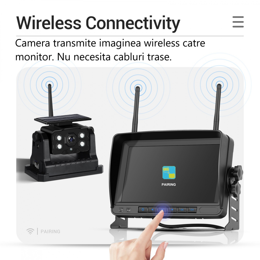 Set Monitor și Cameră Mărșarier Wireless, incarcare solara,pentru Tir, Duba, Camion, Autocar, 1080P FHD, Unghi 150° Night Vision [18]