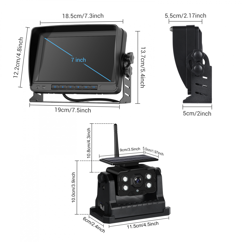 Set Monitor și Cameră Mărșarier Wireless, incarcare solara,pentru Tir, Duba, Camion, Autocar, 1080P FHD, Unghi 150° Night Vision [2]