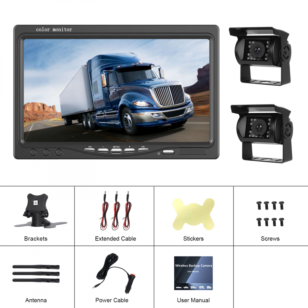 Set Monitor și 2 Cameră Mărșarier Wireless pentru Tir, Duba, Camion, Autocar, 1080P FHD, Unghi 150° Night Vision, rezistență la apă și praf, grad de protecție IP68 [10]