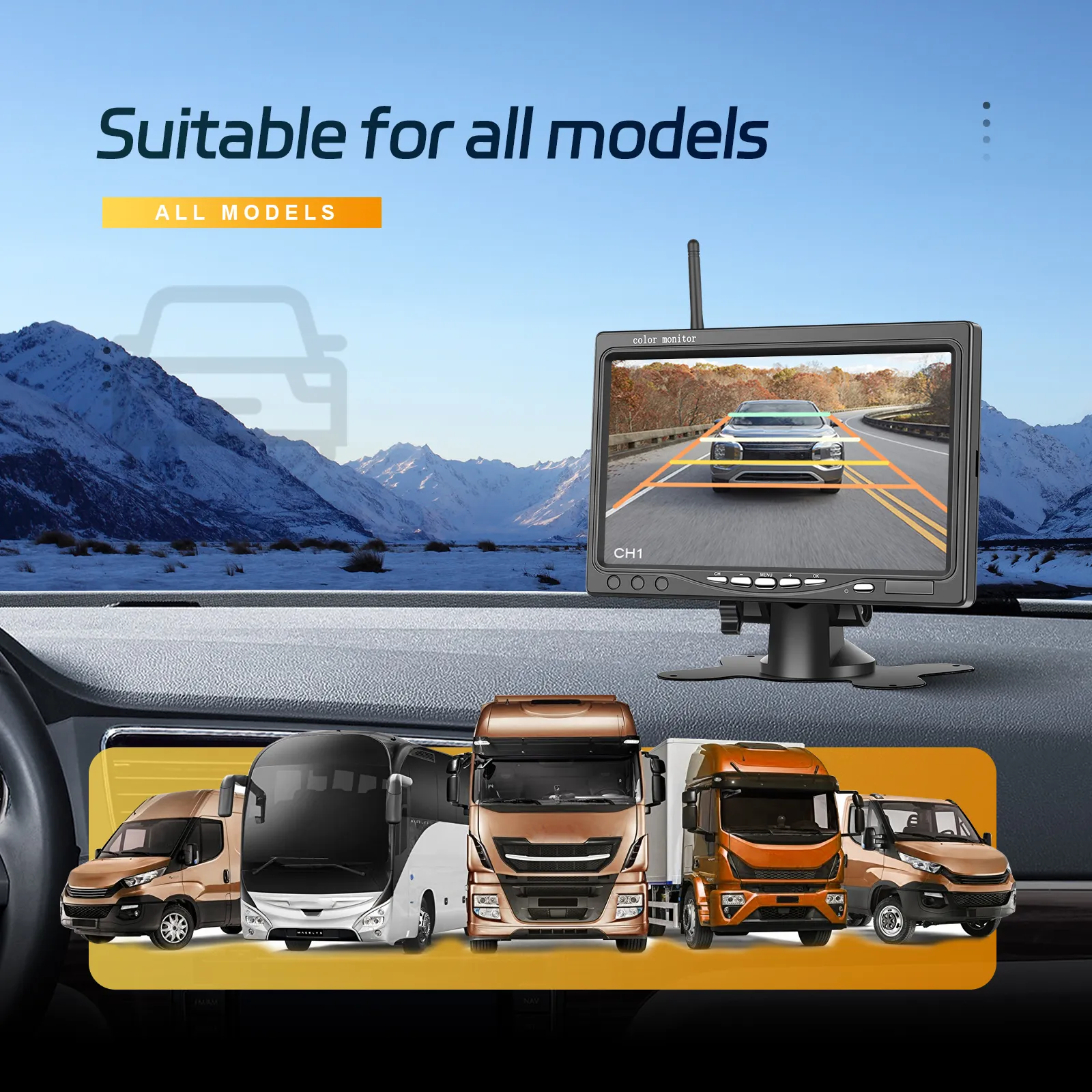 Set Monitor și Cameră Mărșarier Wireless pentru Tir, Duba, Camion, Autocar, 1080P FHD, Unghi 150° Night Vision, rezistență la apă și praf, grad de protecție IP68 [14]