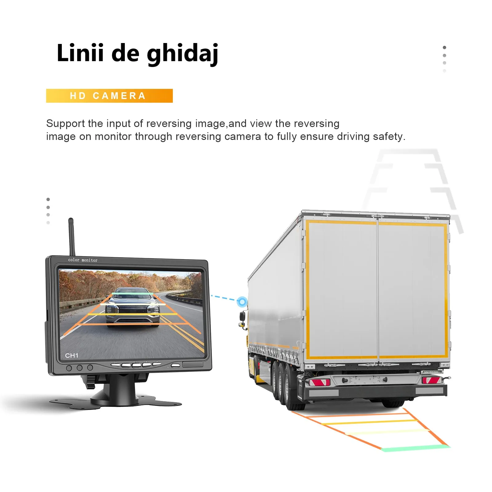 Set Monitor și Cameră Mărșarier Wireless pentru Tir, Duba, Camion, Autocar, 1080P FHD, Unghi 150° Night Vision, rezistență la apă și praf, grad de protecție IP68 [12]