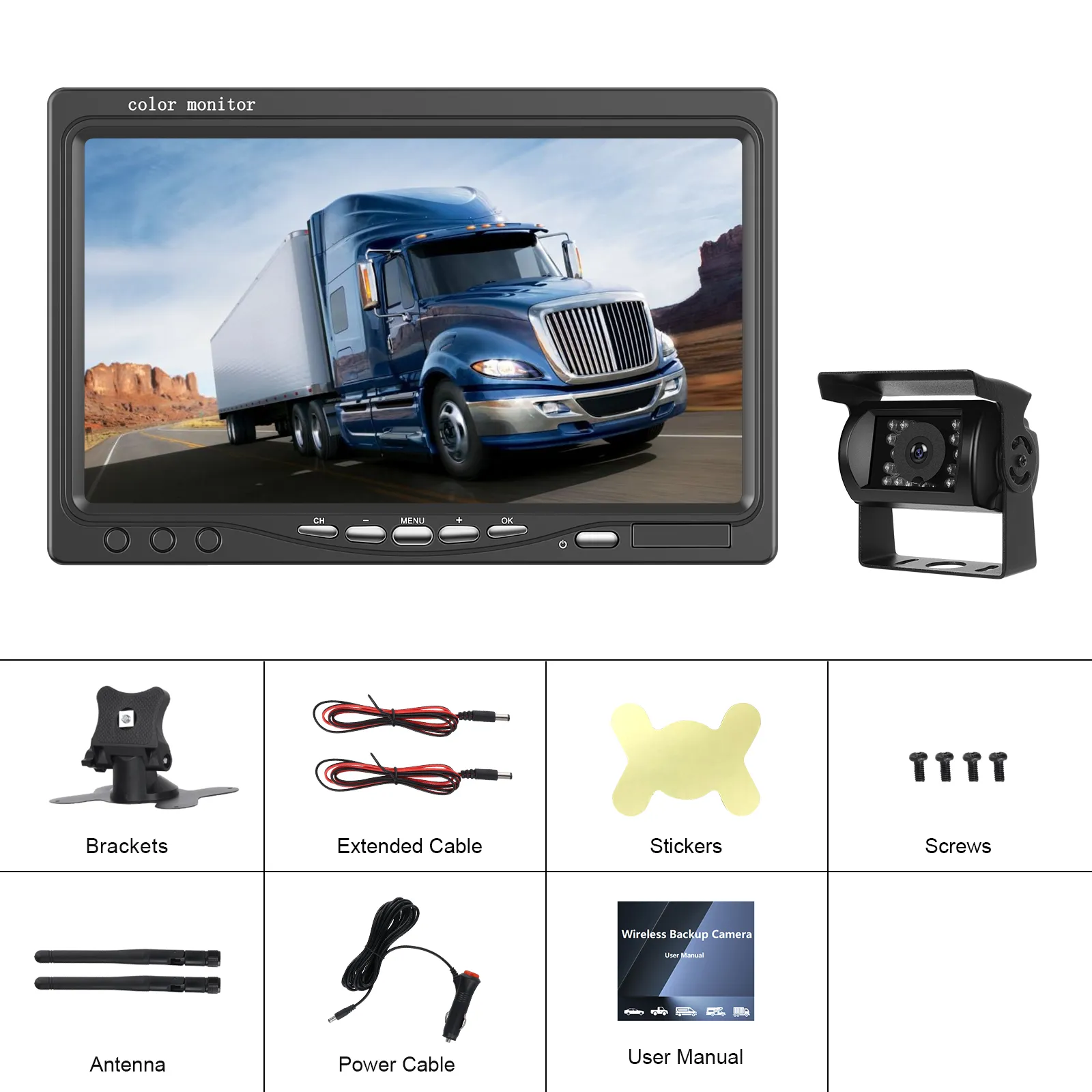 Set Monitor și Cameră Mărșarier Wireless pentru Tir, Duba, Camion, Autocar, 1080P FHD, Unghi 150° Night Vision, rezistență la apă și praf, grad de protecție IP68 [11]