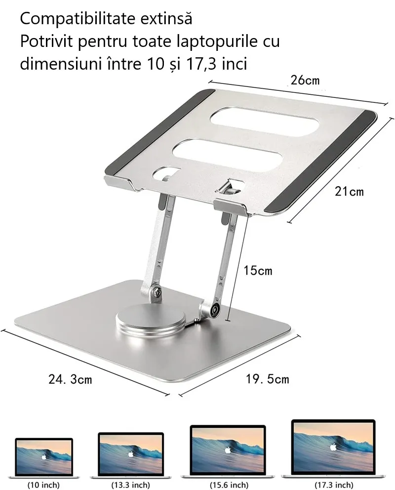 Stand laptop din aluminiu, reglabil 360°, compatibil 10"–17.3", aerisire și stabilitate, suport notebook premium [10]