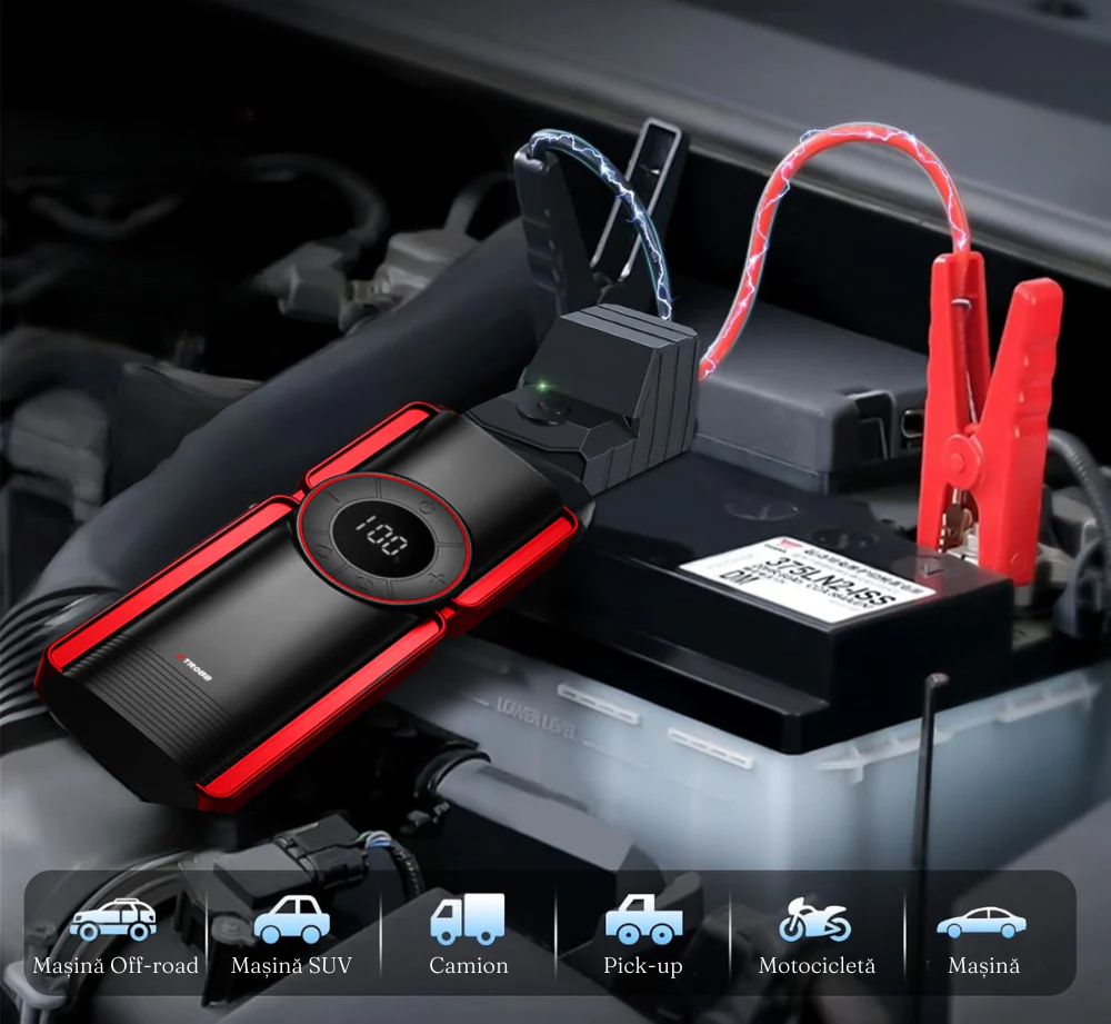 Starter Auto Multifuncțional 1200A, Power Bank 10000mAh, Compresor Aer, Lanternă LED,Afișaj, USB C, 12V [3]