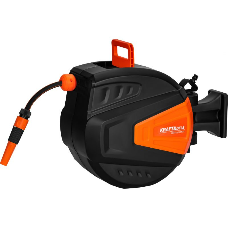 Tambur autoretractabil + furtun de gradina 20+2m, rulare automata, furtun 1/2" PVC, conectori 3/4", suport de perete, include duza de stropire + conectori [3]