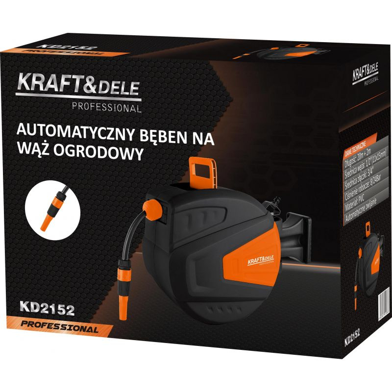 Tambur autoretractabil + furtun de gradina 20+2m, rulare automata, furtun 1/2" PVC, conectori 3/4", suport de perete, include duza de stropire + conectori [5]