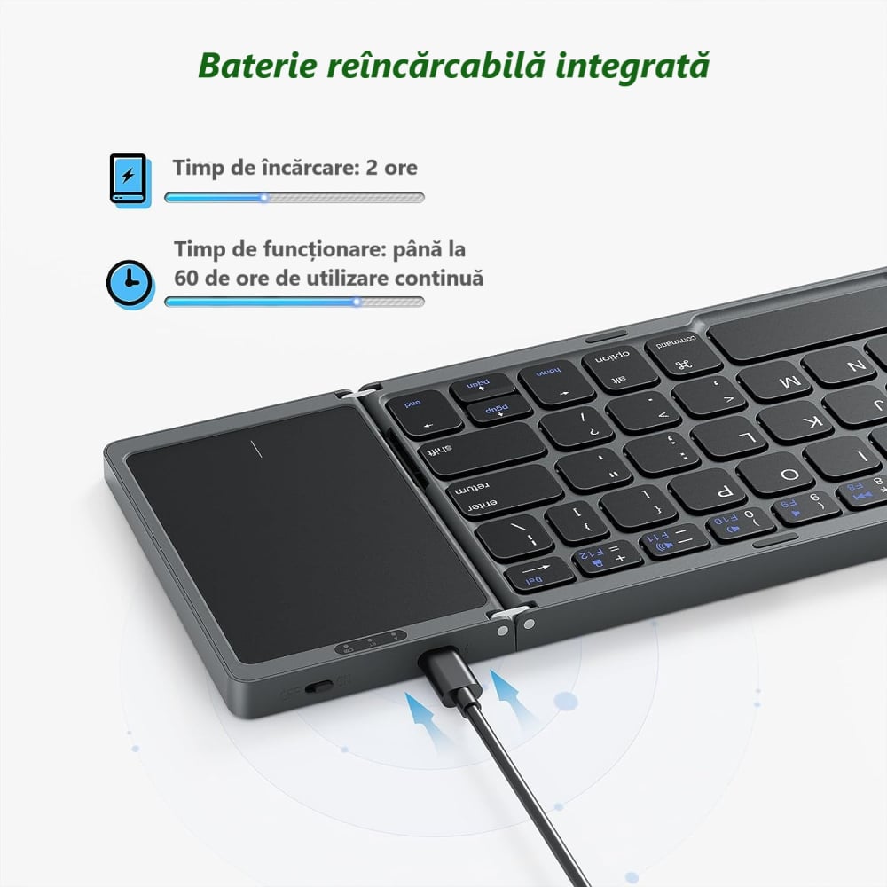 Tastatură Pliabilă Bluetooth cu Touchpad, Compatibilă iOS/Android/Windows/Mac, Ultra Compactă și Portabilă – Negru [3]