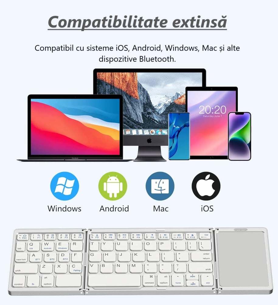 Tastatură Pliabilă Bluetooth cu Touchpad, Compatibilă iOS/Android/Windows/Mac, Ultra Compactă și Portabilă – Silver [5]