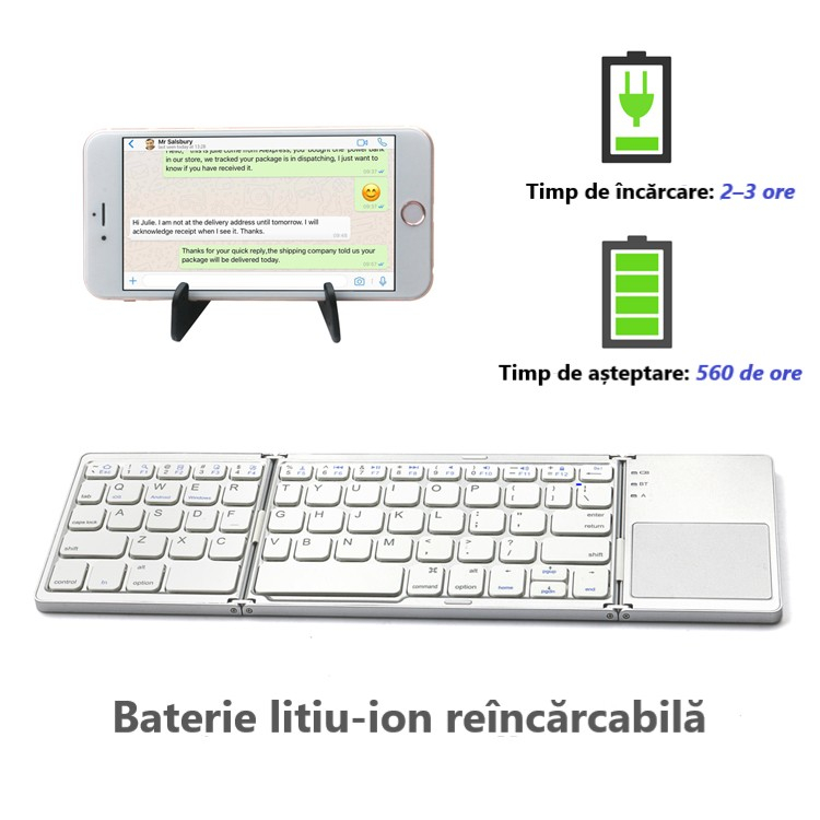 Tastatură Pliabilă cu Touchpad, Bluetooth 5.1 + 2.4G, Portabilă și Reîncărcabilă, culoare Silver [3]