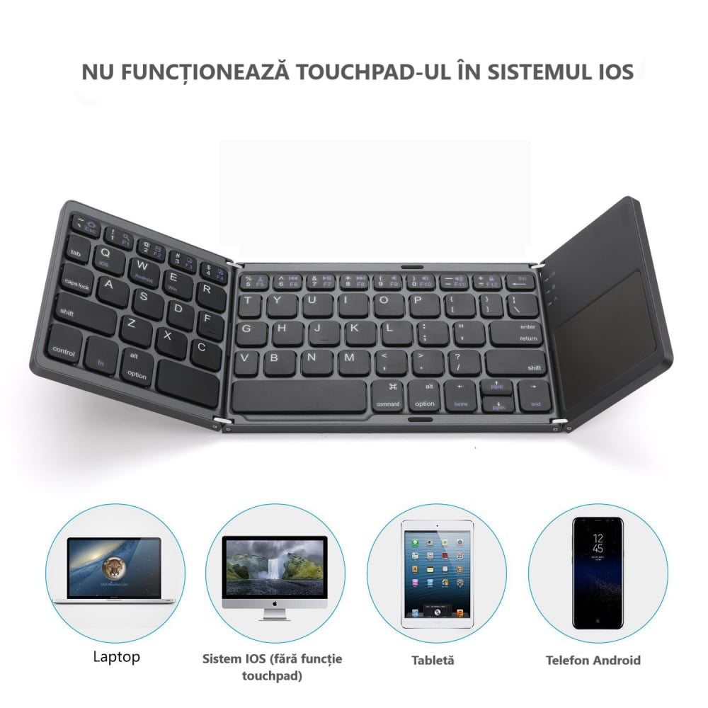 Tastatură Pliabilă cu Touchpad, Bluetooth 5.1 + 2.4G, Portabilă și Reîncărcabilă – Gri Elegant [3]