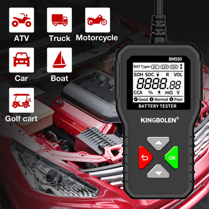 Tester de baterie auto 6V/12V/24V, 100-2000 CCA 2Ah-220 Ah, analizor digital baterie pentru masini, camioane, motociclete, SUV-uri, barci [4]