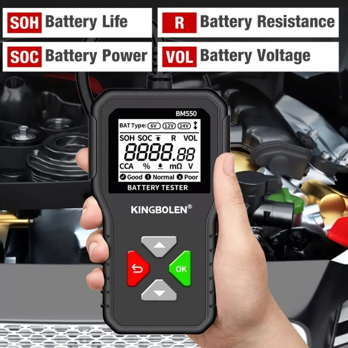Tester de baterie auto 6V/12V/24V, 100-2000 CCA 2Ah-220 Ah, analizor digital baterie pentru masini, camioane, motociclete, SUV-uri, barci [5]