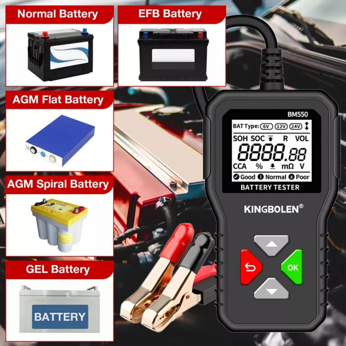 Tester de baterie auto 6V/12V/24V, 100-2000 CCA 2Ah-220 Ah, analizor digital baterie pentru masini, camioane, motociclete, SUV-uri, barci [9]