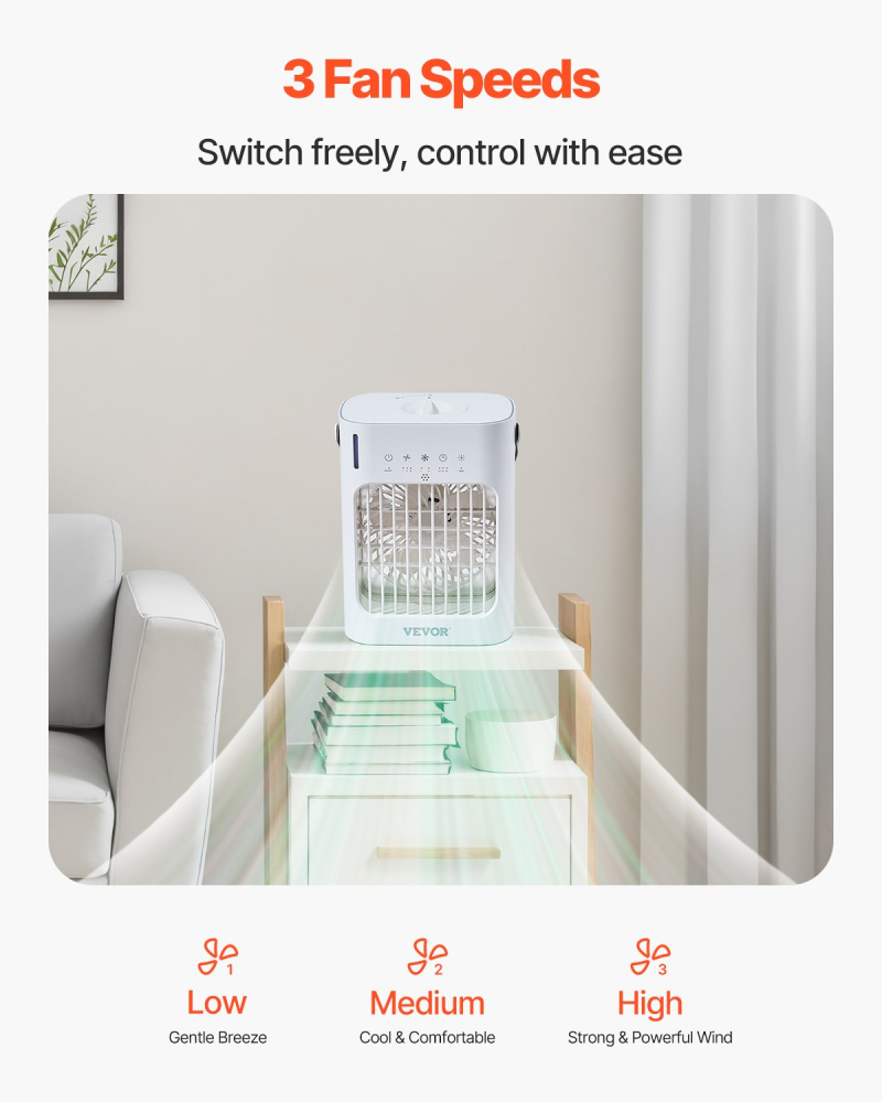 Ventilator de aer evaporativ 4 în 1, mini aparat de aer condiționat cu 3 viteze, temporizator inteligent 0-7H, rezervor de apă de 700 ml, lumină în 7 culori, mini ventilator personal de birou AC pentr [6]