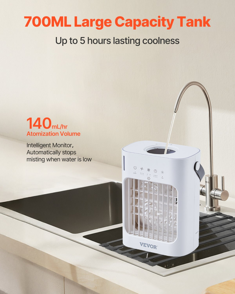 Ventilator de aer evaporativ 4 în 1, mini aparat de aer condiționat cu 3 viteze, temporizator inteligent 0-7H, rezervor de apă de 700 ml, lumină în 7 culori, mini ventilator personal de birou AC pentr [8]