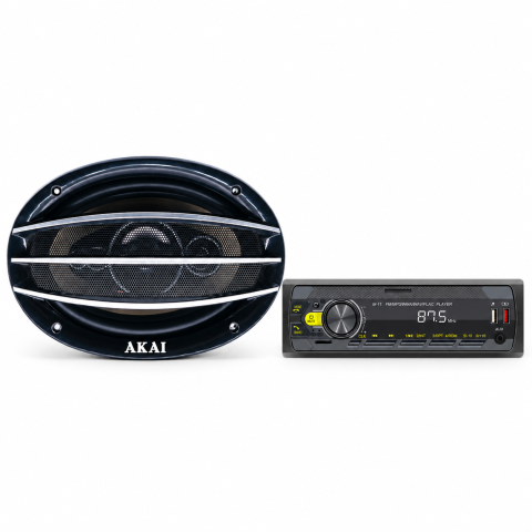 Playere auto - Pachet Audio Auto AKAI, MP3 Player M11 cu Bluetooth, Control prin Aplicație Mobilă, USB, AUX, Radio FM, Lumini RGB + Set 2 Boxe Auto AKAI ACS-696, 6x9”, 5 Căi, 50W
