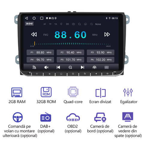 Navigație Auto 2+32GB, Android 13 cu CarPlay & Android Auto Wireless – 9 inch HD, DSP, GPS, Bluetooth – Compatibil VW, Skoda, Seat [1]