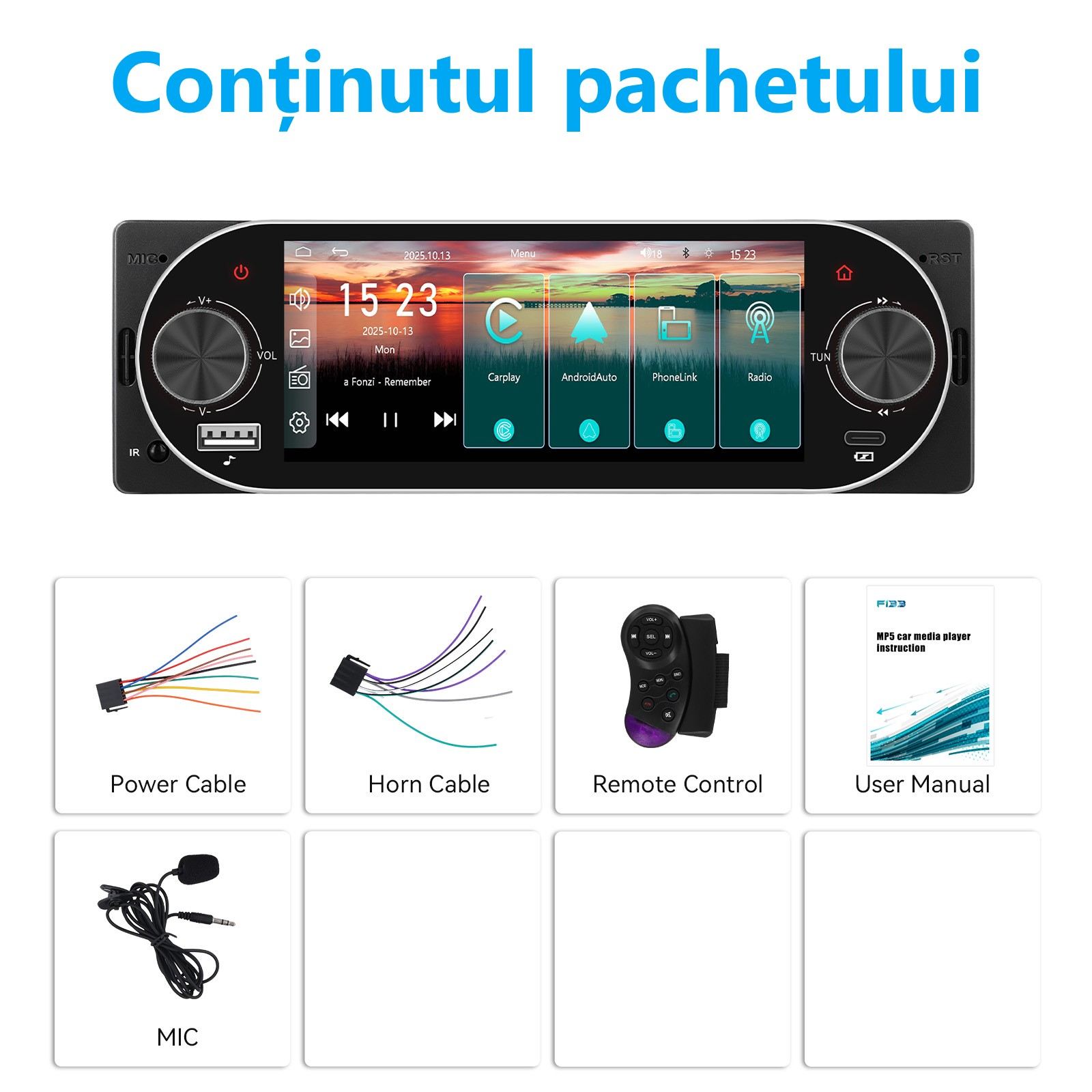 MP5 Player Auto Universal 1DIN cu Apple CarPlay, Android Auto și ecran tactil INCELL 5.1 inch [6]
