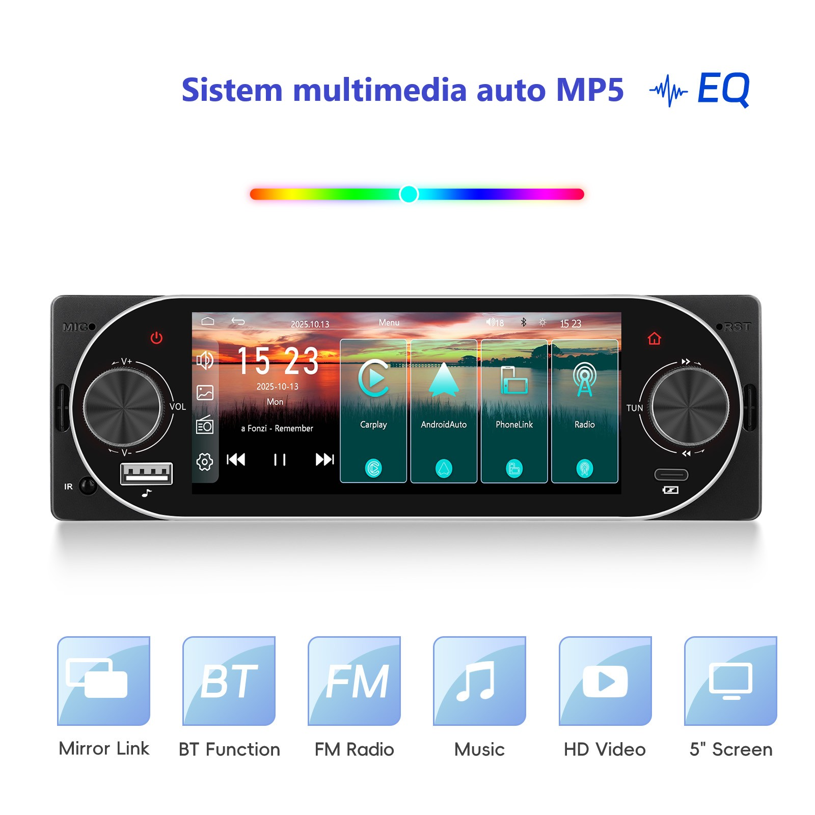 MP5 Player Auto Universal 1DIN cu Apple CarPlay, Android Auto și ecran tactil INCELL 5.1 inch [1]