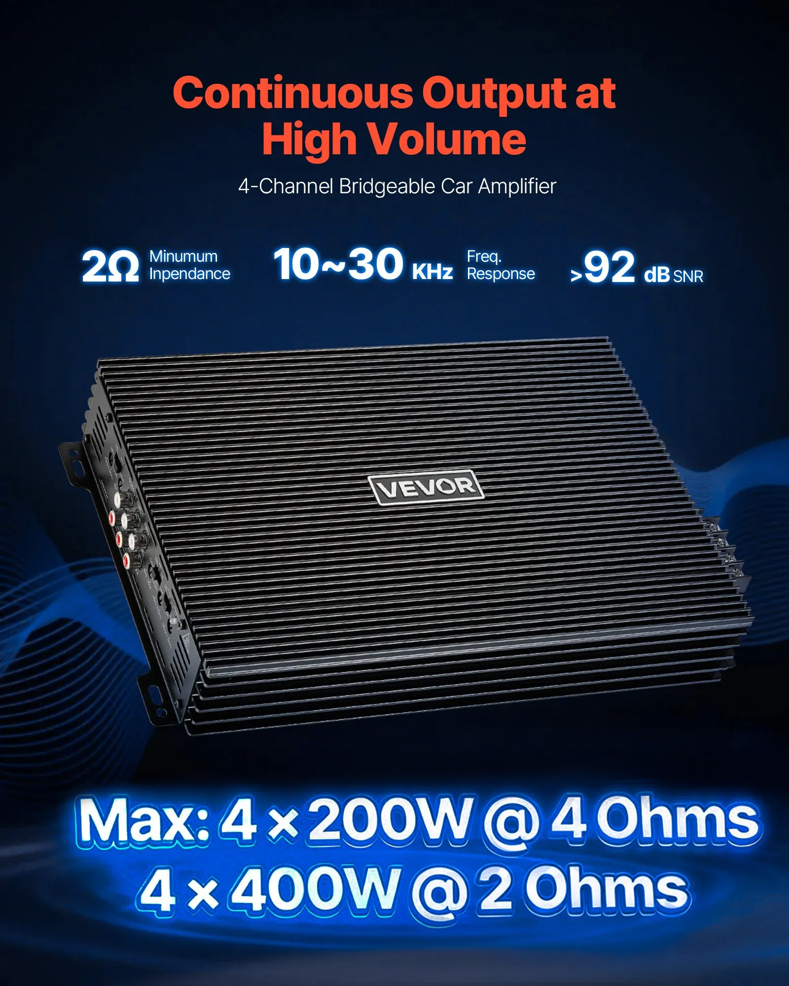 Amplificator audio auto, amplificator auto cu 4 canale, amplificator stereo multicanal clasa AB, max. 4 x 200W la 4 ohmi / 4 x 400W la 2 ohmi, putere mare, pentru SUV-uri, camionete și vehicule off-ro [6]