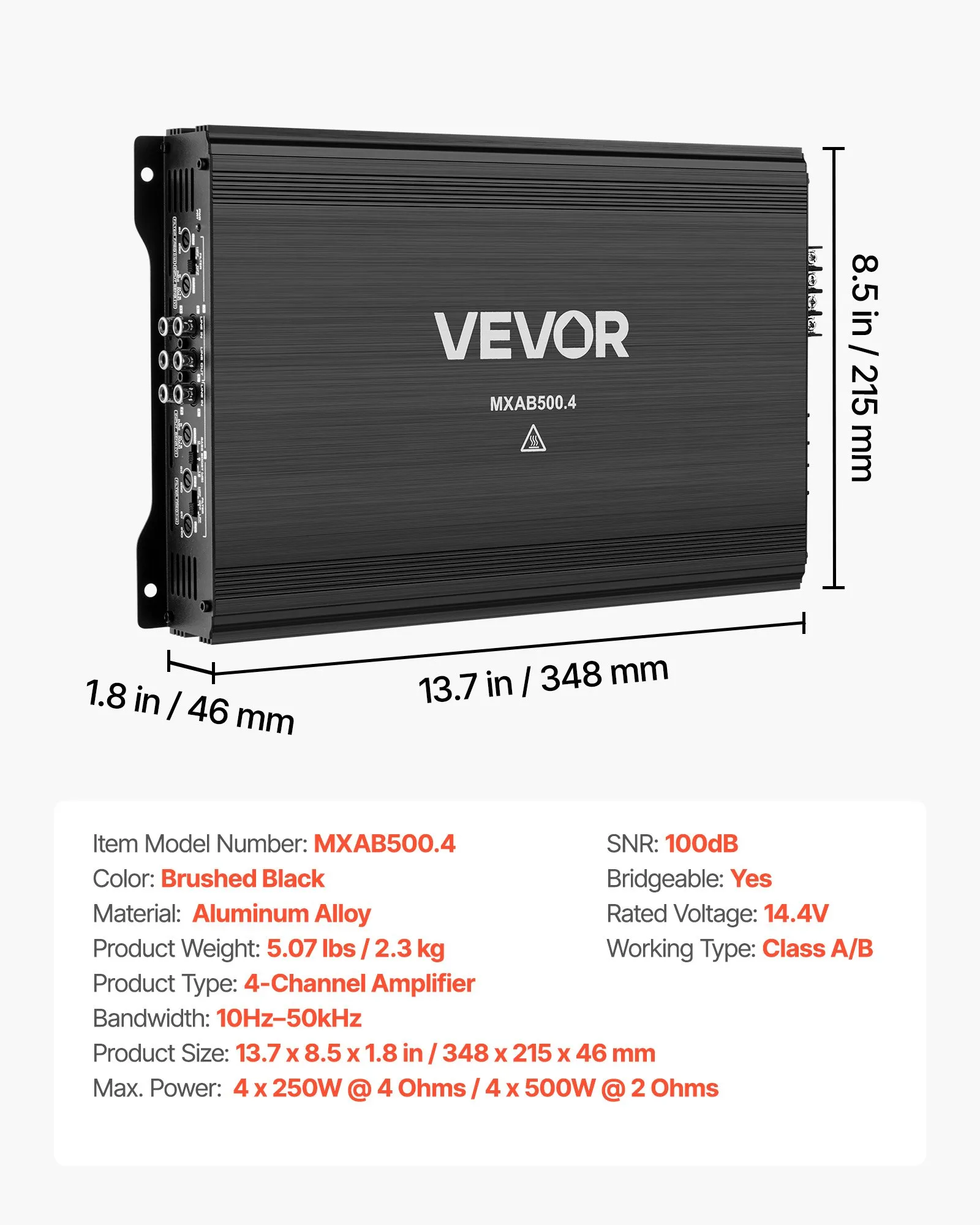 Amplificator audio auto, amplificator auto cu 4 canale, amplificator stereo multicanal clasa AB, max. 4 x 250W la 4 ohmi / 4 x 500W la 2 ohmi, putere mare, pentru SUV-uri, camionete și vehicule off-ro [3]