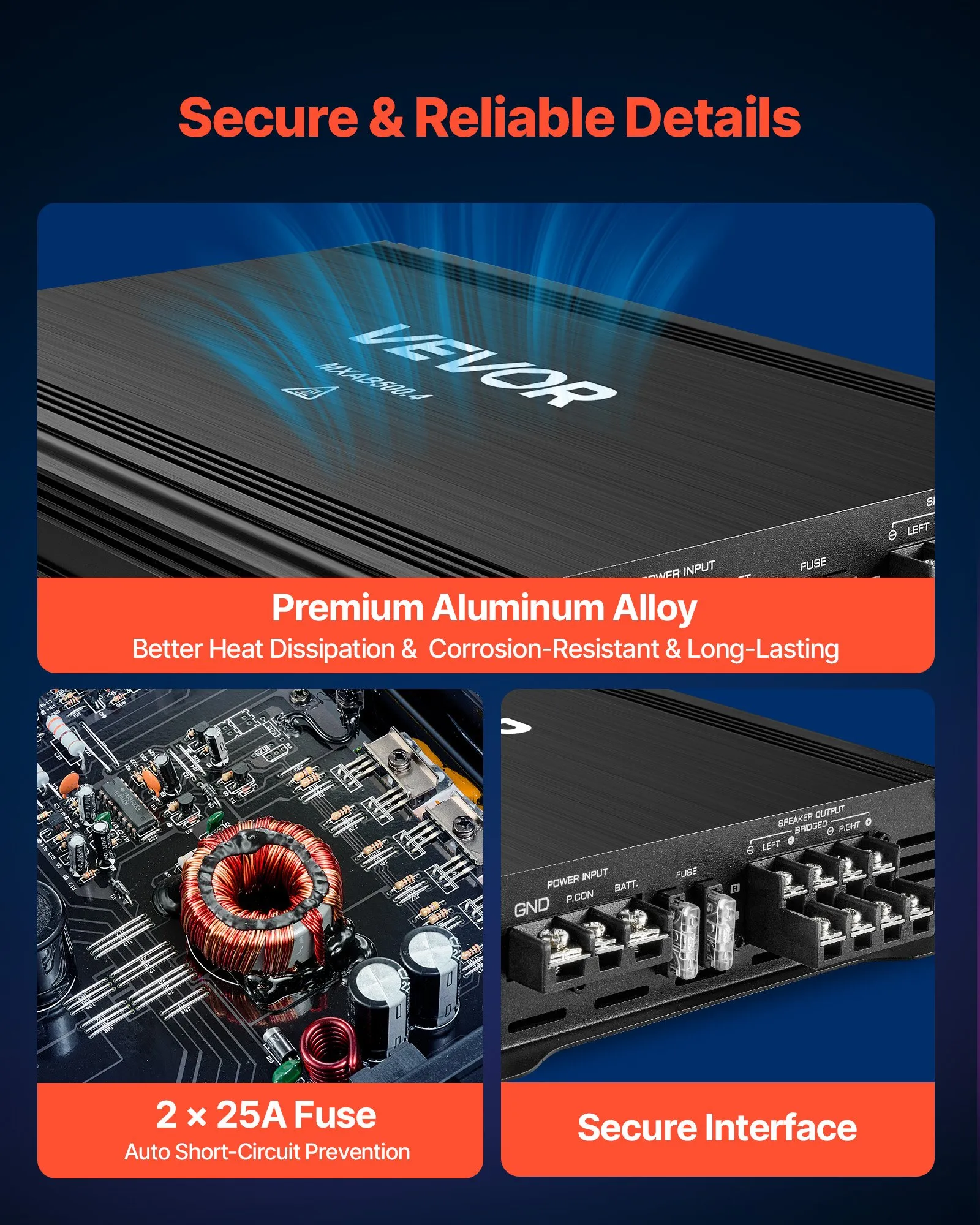 Amplificator audio auto, amplificator auto cu 4 canale, amplificator stereo multicanal clasa AB, max. 4 x 250W la 4 ohmi / 4 x 500W la 2 ohmi, putere mare, pentru SUV-uri, camionete și vehicule off-ro [5]