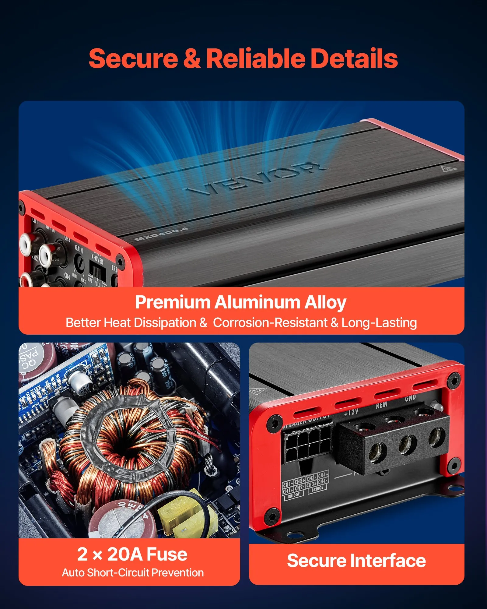 Amplificator audio auto, amplificator auto cu 4 canale, amplificator stereo multicanal clasa D, max. 4 x 272W la 4 ohmi / 4 x 400W la 2 ohmi, putere mare, pentru SUV-uri, camionete și vehicule off-roa [5]
