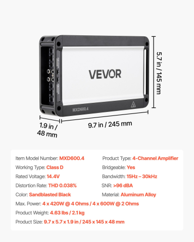 Amplificator audio auto, amplificator auto cu 4 canale, amplificator stereo multicanal clasa D, max. 4 x 420W la 4 ohmi / 4 x 600W la 2 ohmi, putere mare, pentru SUV-uri, camionete și vehicule off-roa [3]