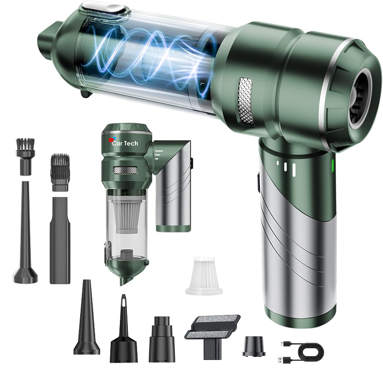 Aspirator - Aspirator Auto Portabil 4 în 1 eCarTech®  6693A PLUS, 22.000 Pa, 100W, Motor Brushless, 3 Trepte, Aspirare & Suflare, Maner Pliabil, Autonomie 30 min, Incarcare Type-C, Accesorii Incluse, Verde