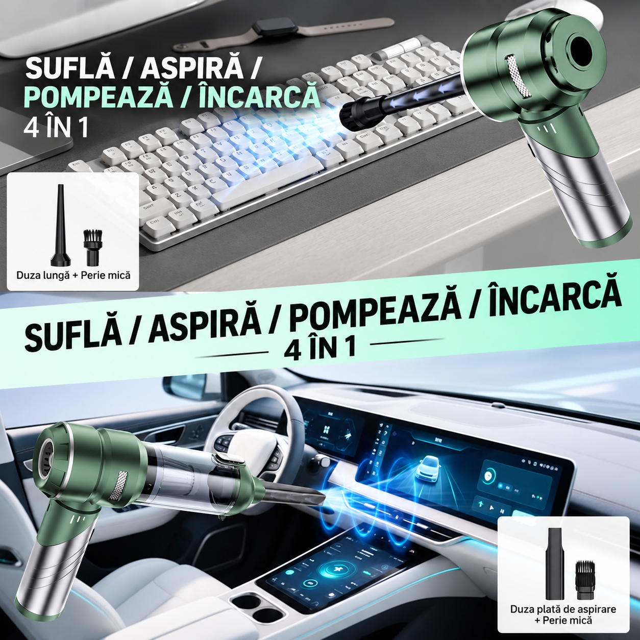 Aspirator Auto Portabil 4 în 1 eCarTech®  6693A PLUS, 22.000 Pa, 100W, Motor Brushless, 3 Trepte, Aspirare & Suflare, Maner Pliabil, Autonomie 30 min, Incarcare Type-C, Accesorii Incluse, Verde [7]