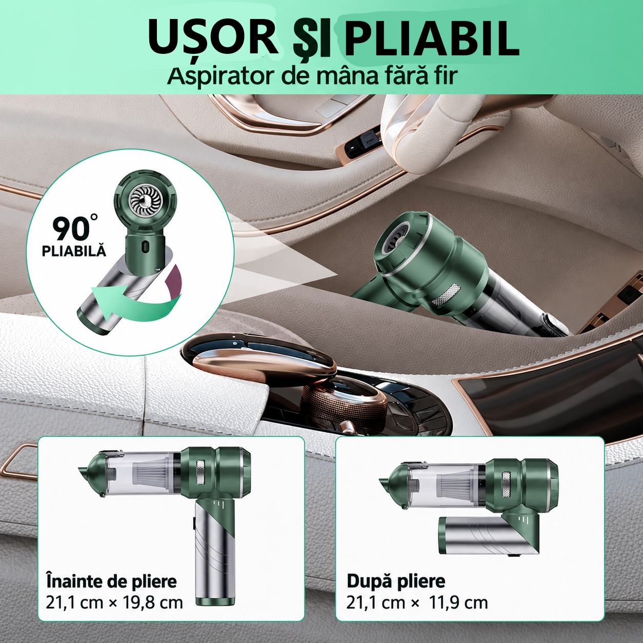Aspirator Auto Portabil 4 în 1 eCarTech®  6693A PLUS, 22.000 Pa, 100W, Motor Brushless, 3 Trepte, Aspirare & Suflare, Maner Pliabil, Autonomie 30 min, Incarcare Type-C, Accesorii Incluse, Verde [1]