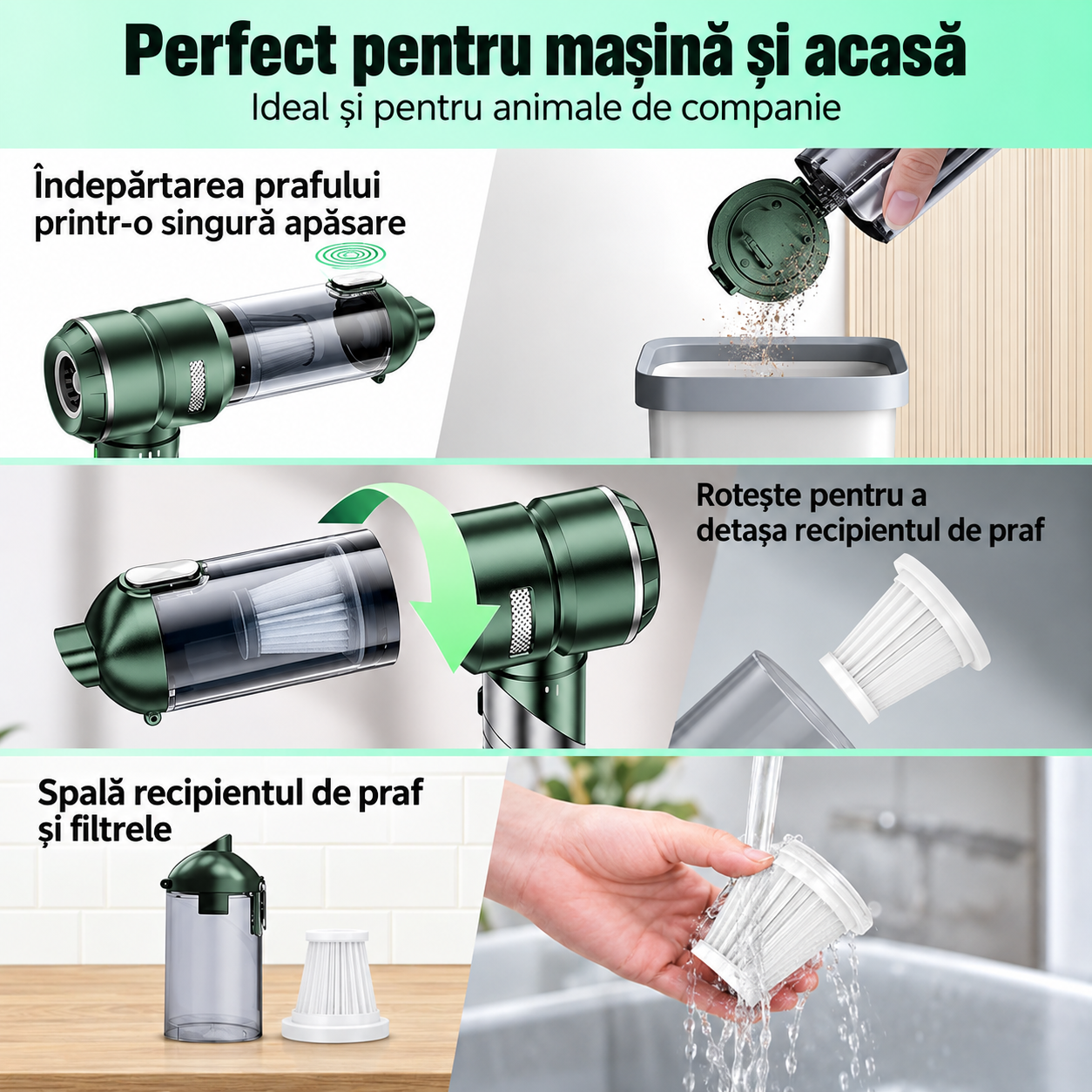 Aspirator Auto Portabil 4 în 1 eCarTech®  6693A PLUS, 22.000 Pa, 100W, Motor Brushless, 3 Trepte, Aspirare & Suflare, Maner Pliabil, Autonomie 30 min, Incarcare Type-C, Accesorii Incluse, Verde [4]