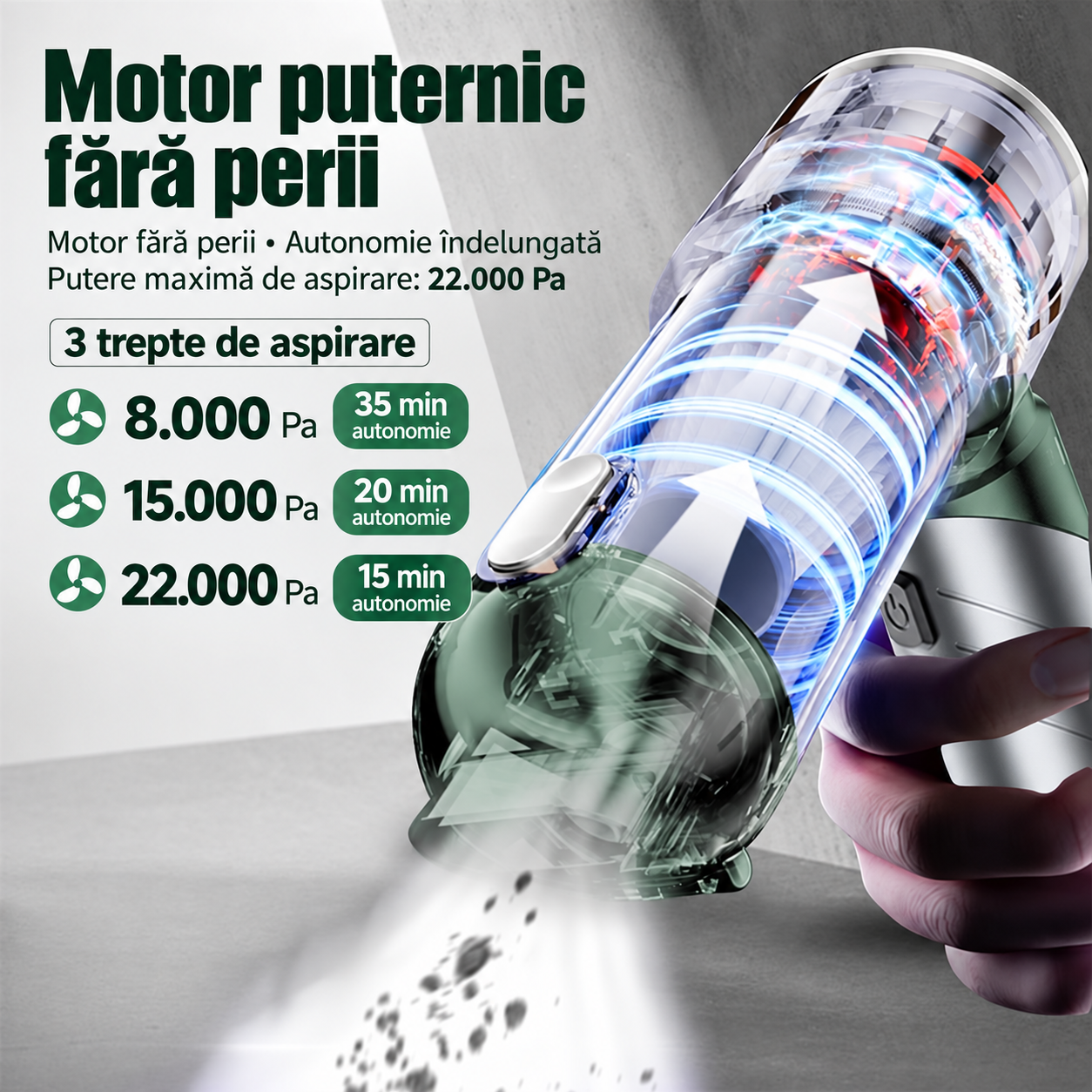 Aspirator Auto Portabil 4 în 1 eCarTech®  6693A PLUS, 22.000 Pa, 100W, Motor Brushless, 3 Trepte, Aspirare & Suflare, Maner Pliabil, Autonomie 30 min, Incarcare Type-C, Accesorii Incluse, Verde [6]
