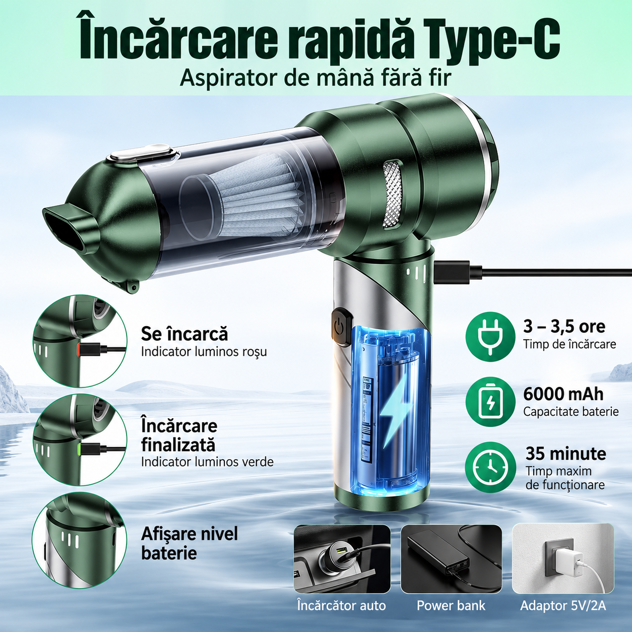 Aspirator Auto Portabil 4 în 1 eCarTech®  6693A PLUS, 22.000 Pa, 100W, Motor Brushless, 3 Trepte, Aspirare & Suflare, Maner Pliabil, Autonomie 30 min, Incarcare Type-C, Accesorii Incluse, Verde [2]