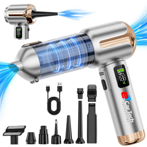 PROMOTII % - Aspirator Auto Portabil 4 în 1, Fără Fir, Motor Brushless 80.000 RPM, Display LCD, 3 Trepte de Viteză, Reîncărcabil