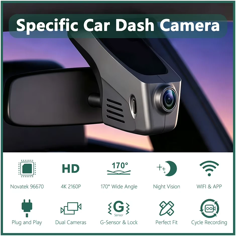 Cameră auto DVR 4K față + 1080p spate, Wi-Fi, compatibilă Audi A3 / A4L / A6L / Q3 / Q5 / A7 / A8 / R8 – cameră frontală neagră pe fundal alb [2]